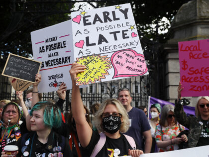 People attend the 10th Annual March for Choice abortion rights protest outside Leinster House, Dublin. Picture date: Saturday September 25, 2021. (Photo by Brian Lawless/PA Images via Getty Images)