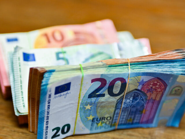 Bills of 10, 5 and 20 euros. Illustration pictures of bills and coins in euro. Cours-la-Vi