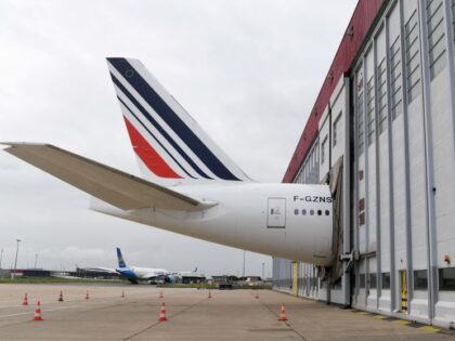 An Air France Boeing 777-300 ER in maintenance is pictured at the site of Air France Industries in Orly near Paris on September 27, 2022. (Photo by Eric PIERMONT / AFP) (Photo by ERIC PIERMONT/AFP via Getty Images)