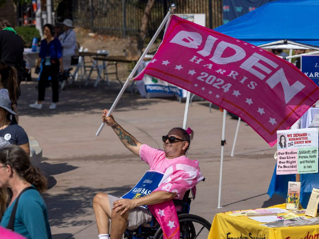 A man in a wheelchair holds a pink flag in support of voting for President Joe Biden in 2024 during the Women's March Action Rally for Reproductive Rights at Mariachi Plaza in Los Angeles, California, on October 8, 2022. (Photo by DAVID MCNEW / AFP) (Photo by DAVID MCNEW/AFP via Getty Images)