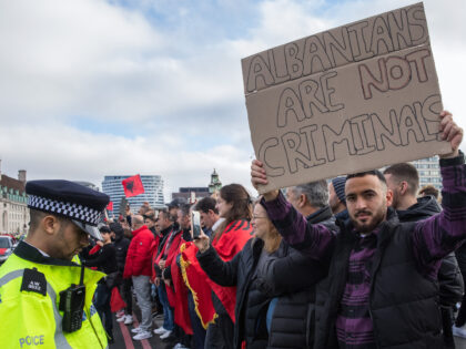 Thousands of Albanians protest on Westminster Bridge against comments made by Home Secretary Suella Braverman singling out Albanian asylum seekers on 12 November 2022 in London, United Kingdom. Albania's Prime Minister Edi Rama responded to her comments by accusing the Home Secretary of discriminating against Albanians and treating his citizens …