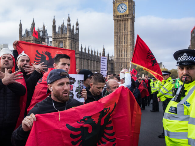 Thousands of Albanians protest on Westminster Bridge against comments made by Home Secreta