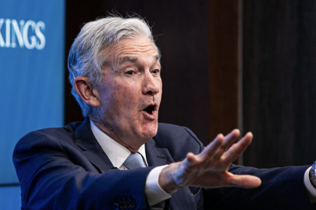 Jerome Powell, chairman of the US Federal Reserve, speaks at the Brookings Institution in Washington, DC, US, on Wednesday, Nov. 30, 2022. Powell signaled policymakers will downshift from their rapid pace of tightening as soon as next month's meeting while stressing that the central bank's inflation fight is far from …