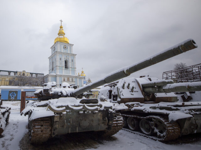 KYIV, UKRAINE - DECEMBER 12: A view of Russian armoured vehicles and tanks exhibited in Sa
