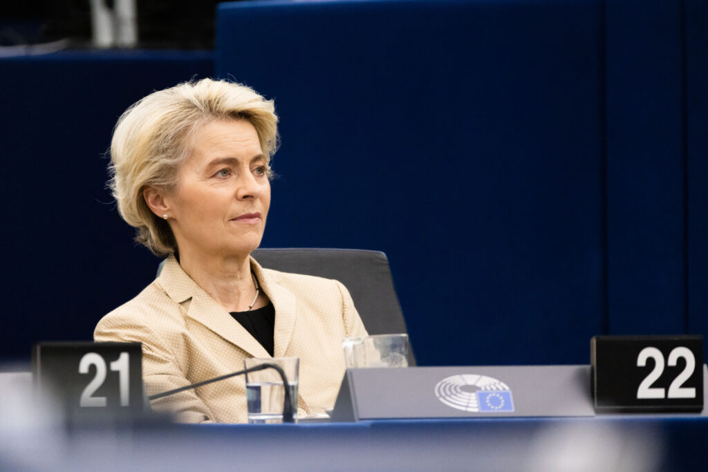 14 December 2022, France, Straßburg: Ursula von der Leyen (r, CDU), President of the European Commission, sits in the European Parliament building. Today, the European Parliament is awarding the Sakharov Prize to the Ukrainian people and voting on financial aid of nearly 720 million euros for seven EU countries - including Germany - that have been rocked by natural disasters in 2021. It will also hold a debate with the EU Commission and the Czech presidency to set goals for the EU summit the following day. Photo: Philipp von Ditfurth/dpa (Photo by Philipp von Ditfurth/picture alliance via Getty Images)