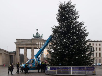 21 December 2022, Berlin: Without a top the Christmas tree stands in front of the Brandenburg Gate. Two activists of the environmental group drove with a lift truck in front of the Christmas tree on Pariser Platz at the Brandenburg Gate. They unfurled a banner and then removed the top …