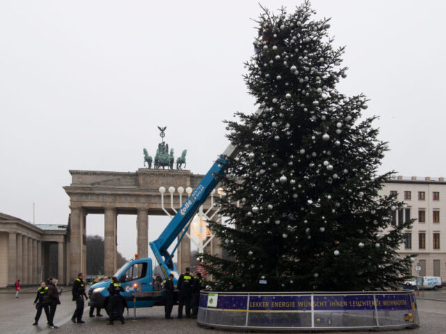 21 December 2022, Berlin: Without a top the Christmas tree stands in front of the Brandenb