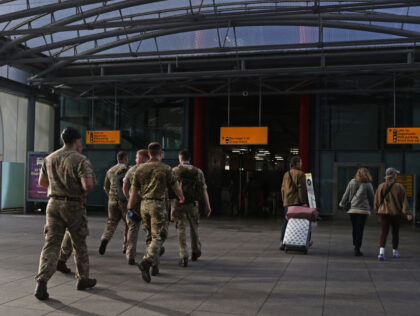 British Army soldiers arrive for border support work at Heathrow Airport Terminal 5 during