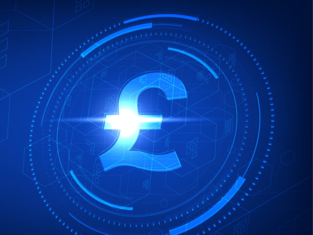 Digital Pound currency sign, CBDC currency futuristic digital money on blue abstract techn