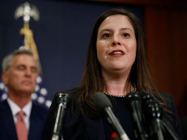 WASHINGTON, DC - NOVEMBER 15: Rep. Elise Stefanik (R-NY) talks to reporters after being re-elected as chair of the House Republican Conference in the U.S. Capitol Visitors Center on November 15, 2022 in Washington, DC. House Minority Leader Kevin McCarthy (R-CA) was elected leader of the caucus, paving the way …