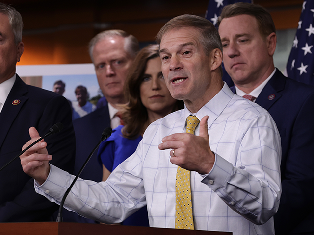 Flanked by House Republicans, U.S. Rep. Jim Jordan (R-OH) speaks during a news conference at the U.S. Capitol on November 17, 2022 in Washington, DC. House Republicans held a news conference to discuss "the Biden family's business dealings." (Photo by Alex Wong/Getty Images)