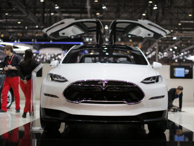 A Tesla Model X electric prototype automobile, produced by Tesla Motors Inc., is seen on d