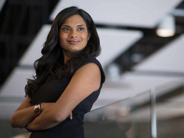 Vijaya Gadde, general counsel for Twitter Inc., stands for a photograph at the company's h