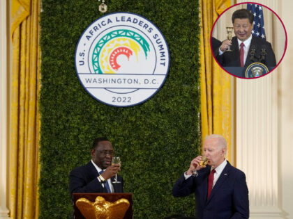 President Joe Biden toasts with Senegalese President Macky Sall in the East Room of the White House in Washington, Wednesday, Dec. 14, 2022, during the U.S.-Africa Leaders Summit dinner. (AP Photo/Susan Walsh) // Inset: China President Xi Jinping with glass raised for a toast (PAUL J. RICHARDS/AFP via Getty Images).