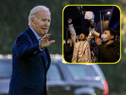 Joe Biden waves, inset: Chinese protesters