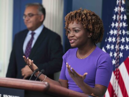 Karine Jean-Pierre, White House press secretary, speaks during a news conference in the Ja