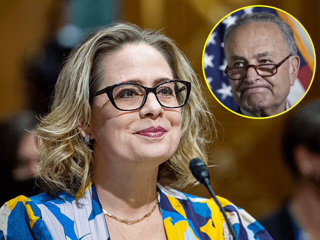 Sen. Kyrsten Sinema at the microphone smiling (Rod Lamkey/Pool via AP) // Inset: Sen. Chuck Schumer with pursed lips (Drew Angerer/Getty Images)