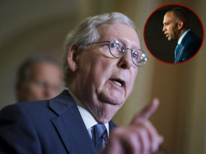 Mitch McConnell points his finger (J. Scott Applewhite/AP) // Inset: Hakeem Jeffries profile (Eric Lee/Bloomberg via Getty Images)