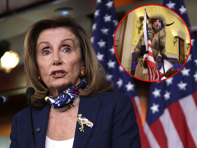 Nancy Pelosi speaks at a press conference (Alex Wong/Getty Images) // inset: A January 6 protester wears horns (Win McNamee/Getty Images).