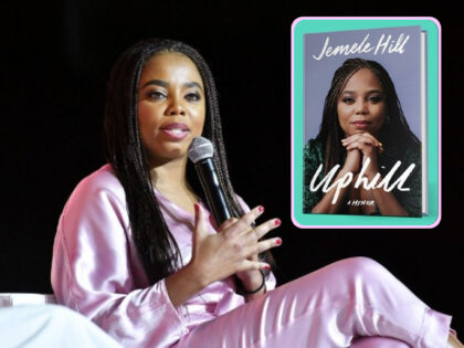 Jemele Hill with inset of her memoir (Paras Griffin/Getty Images for Essence; @jemelehill)