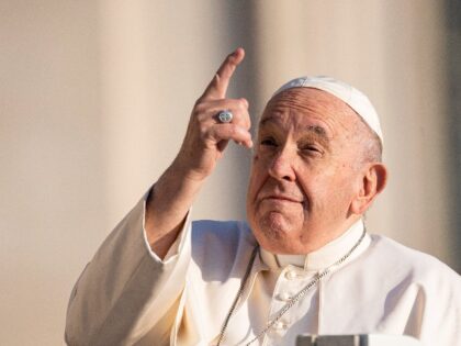Pope Francis gestures as he arrives at St. Peter's Square for his Traditional Pope Francis's Wednesday General Audience in Vatican City. (Photo by Stefano Costantino/SOPA Images/LightRocket via Getty Images