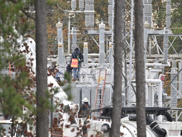 A view of the substation while work is in progress as tens of thousands are without power on Moore County after two substations were shot at in Carthage, North Carolina, on December 05, 2022. (Peter Zay/Anadolu Agency via Getty Images)