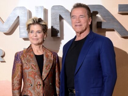 LONDON, ENGLAND - OCTOBER 17: Linda Hamilton and Arnold Schwarzenegger attend the "Terminator: Dark Fate" photocall on October 17, 2019 in London, England. (Photo by Dave J Hogan/Getty Images)