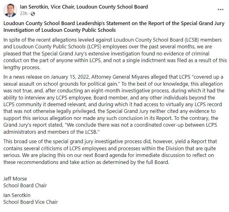 LCPS Vice Chair Ian Serotkin grand jury reax.