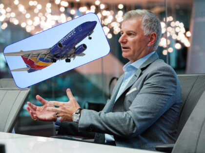 Southwest Airlines CEO Bob Jordan with inset of Southwest jet