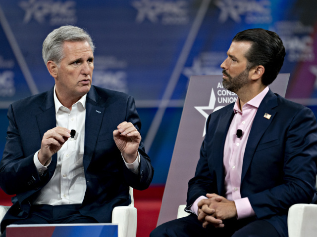 U.S. House Minority Leader Kevin McCarthy, a Republican from California, speaks as Donald Trump Jr., executive vice president of development and acquisitions for Trump Organization Inc., right, listens during a discussion at the Conservative Political Action Conference (CPAC) in National Harbor, Maryland, U.S., on Friday, Feb. 28, 2020. President Trump …