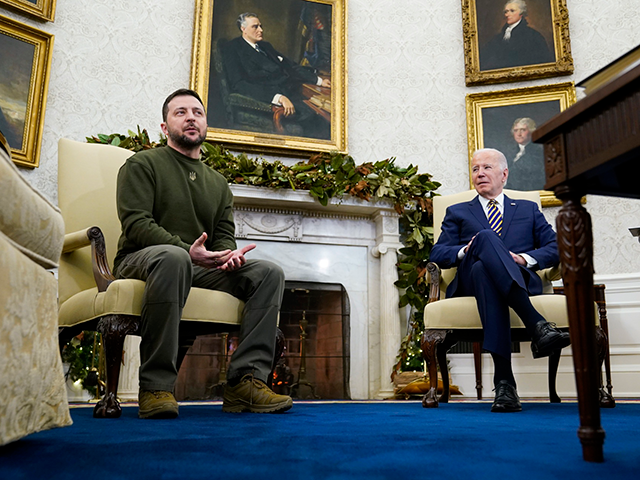 Ukrainian President Volodymyr Zelenskyy speaks as he meets with President Joe Biden in the