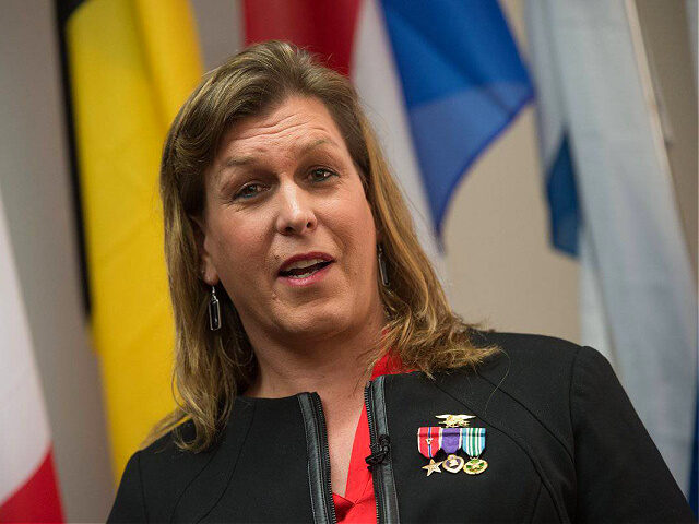 Transgender former US Navy Seal Senior Chief Kristin Beck speaks during a conference entitled "Perspectives on Transgender Military Service from Around the Globe" organized by the American Civil Liberties Union (ACLU) and the Palm Center in Washington on October 20, 2014. Transgender military personnel from 18 countries who allow them …