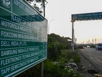 A signboard mentions the plot number of Foxconn India production unit at SIPCOT (State Ind
