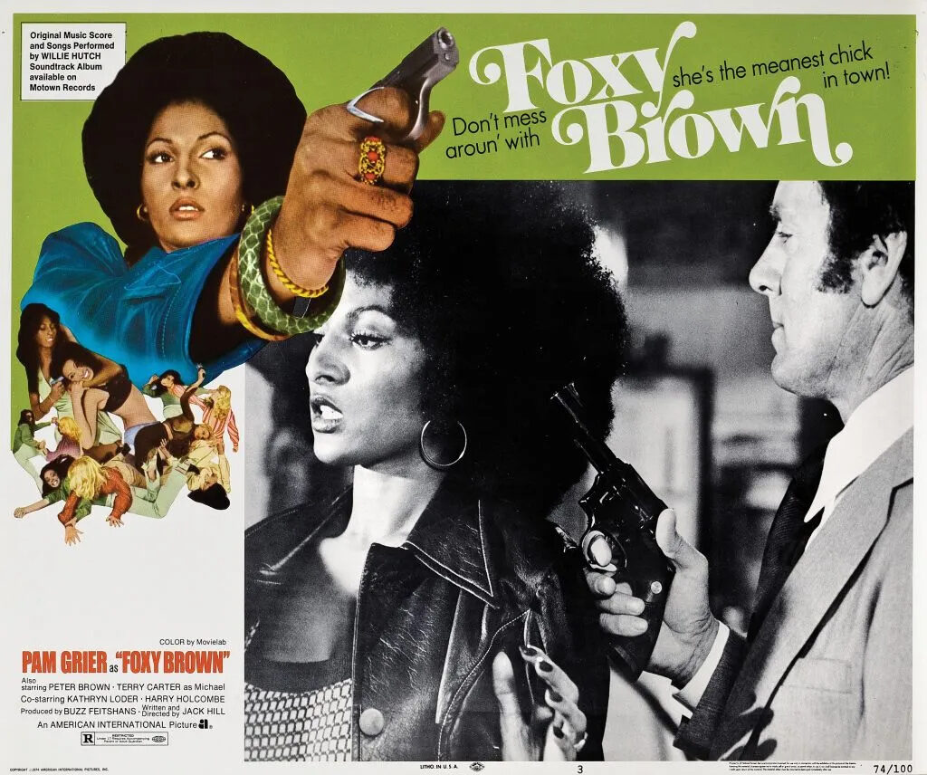 Foxy Brown, lobbycard, from left: Pam Grier, Fred Lerner, 1974. (Photo by LMPC via Getty Images)