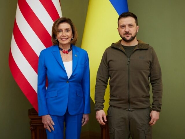 KYIV, UKRAINE - MAY 1: (----EDITORIAL USE ONLY â MANDATORY CREDIT - "UKRAINIAN PRESIDENCY / HANDOUT" - NO MARKETING NO ADVERTISING CAMPAIGNS - DISTRIBUTED AS A SERVICE TO CLIENTS----) Ukrainian President Volodymyr Zelensky (R) meets US House of Representatives Speaker Nancy Pelosi (L) in the capital Kyiv, Ukraine on May …