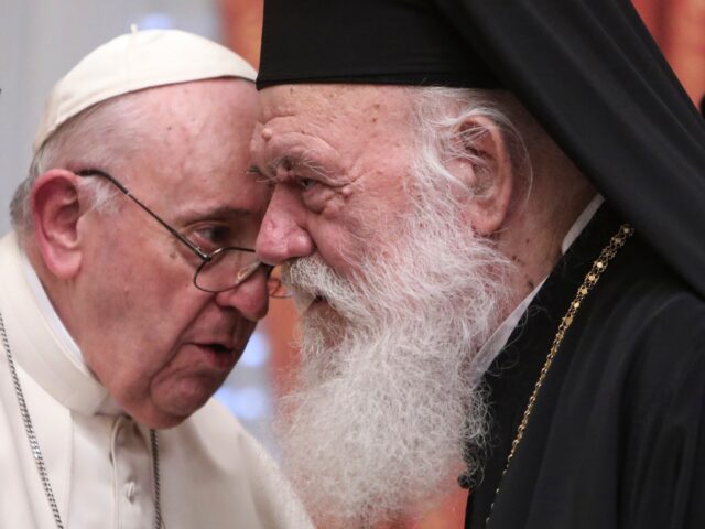 FILE - Pope Francis meets Archbishop of Athens and leader of Greece's Orthodox Church, Ier
