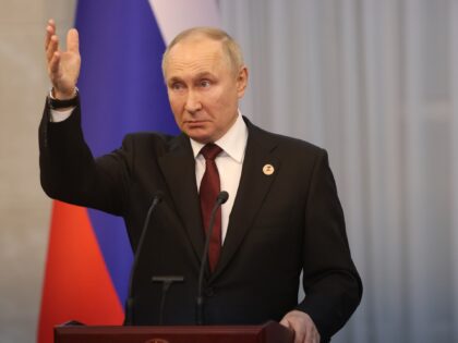 BISHKEK, KYRGYZSTAN - DECEMBER 9: (RUSSIA OUT) Russian President Vladimir Putin gestures during his press conference at the Eurasian Economic Summit. Leaders of Russia, Belarus, Kazakhstan and Armenia gathered in the Kyrgyz capital for the Eurasian Economic Union (EAEU) Summit. (Photo by Contributor/Getty Images)