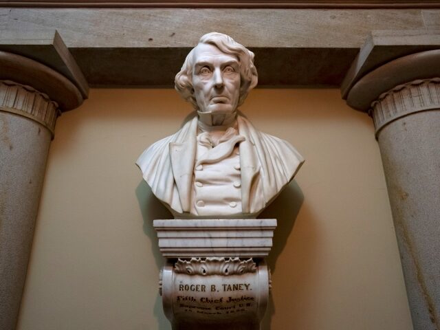 FILE - A marble bust of Chief Justice Roger Taney is displayed in the Old Supreme Court Chamber in the U.S. Capitol in Washington, on March 9, 2020. The House approved a bill on Dec. 14, 2020, that calls for removing the bust of Taney who wrote the infamous 1857 …