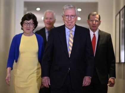 US Republican senators Mitch McConnell, Susan Collins, John Cornyn and John Barrasso met with Swedish media at Grand Hotel in Stockholm after a meeting with Swedish Prime Minister and Minister of Defense on May 15, 2022. - Sweden OUT (Photo by Anders WIKLUND / TT NEWS AGENCY / AFP) / …