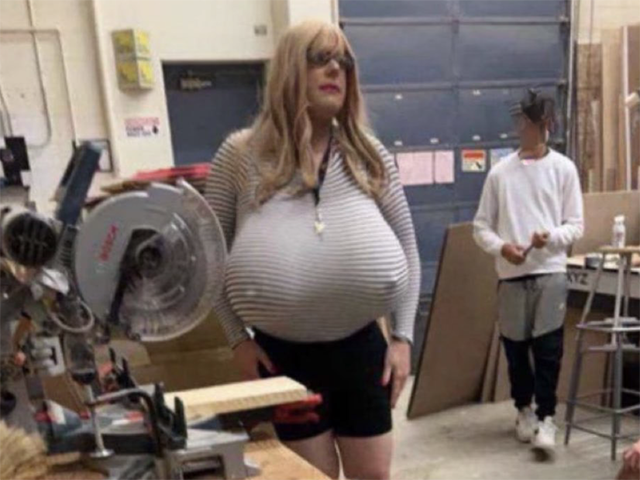 Trans teacher with Z cup sized boobs dresses as a normal man outside of  school