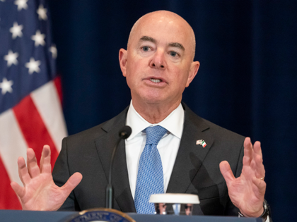 Homeland Security Secretary Alejandro Mayorkas speaks during a news conference during the