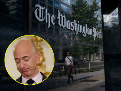 Washington Post building with inset of Jeff Bezos. (BRENDAN SMIALOWSKI/AFP/Getty, Chip Som