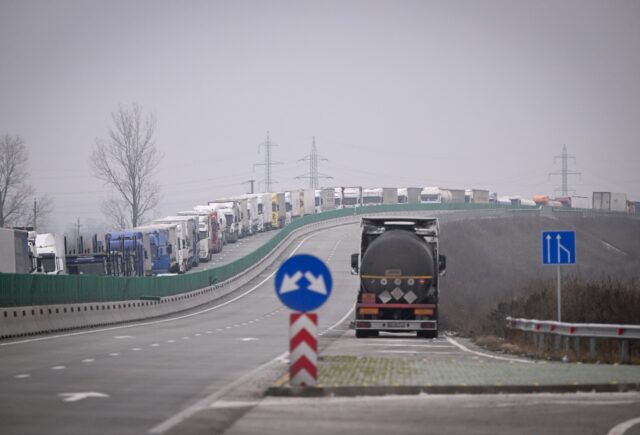 At Giurgiu, on the Romanian-Bulgarian border, a queue of trucks several kilometres begins