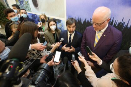 Canadian Minister of the Environment and climate change Steven Guilbeault speaks to media