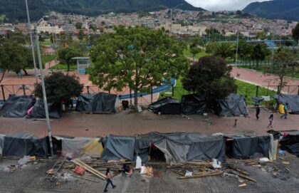A file photo from August 2020 shows an improvised camp of indigenous Embera people in Bogota, the capital