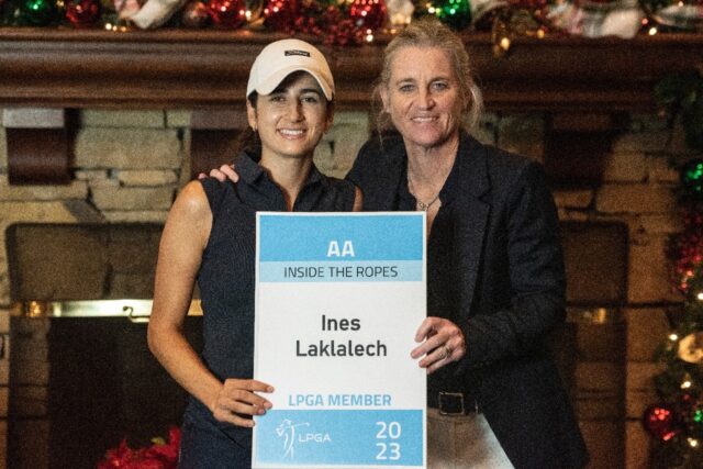 Ines Laklalech, left, poses with LPGA Tour commissioner Mollie Marcoux Samaan after the Mo