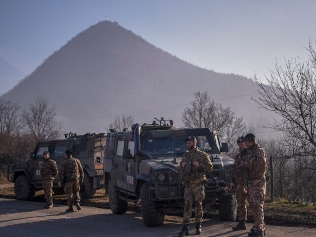NATO-led peacekeepers on patrol near the Kosovo Serbia border