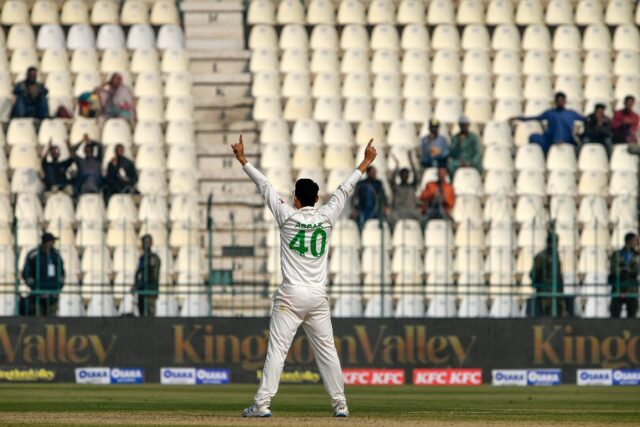 Pakistan's Abrar Ahmed acknowledges the crowd after taking another England wicket in Multa