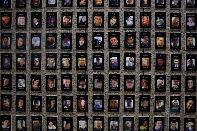 Photos of fentanyl victims on display at The Faces of Fentanyl Memorial at the US Drug Enforcement Administration headquarters in September 27, 2022 in Arlington, Virginia