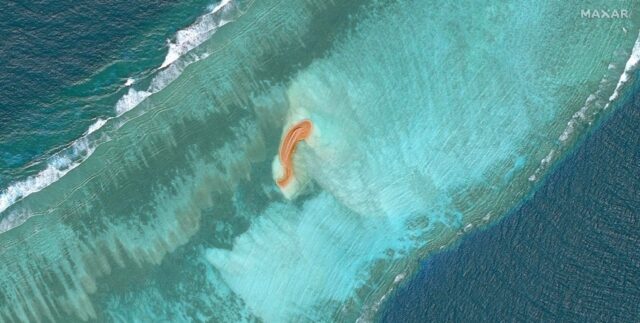 A satellite image of Eldad Reef in the Spratly Islands, where China is suspected of carryi